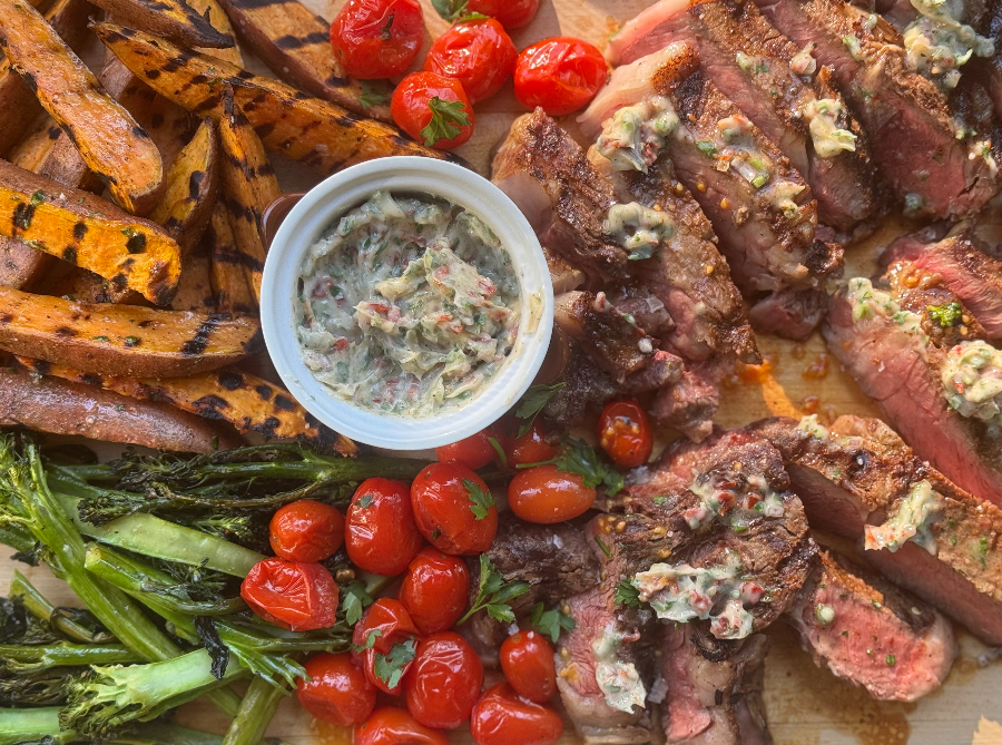 Grilled Ribeyes and Vegetables with Smoky Tomato Butter