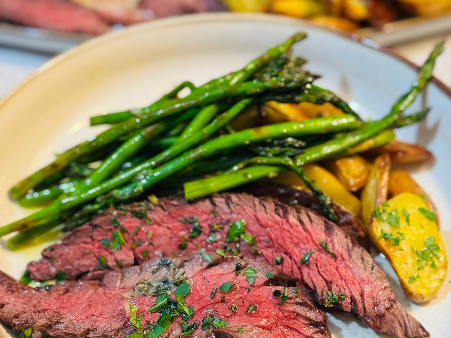Hanger Steak Frites with Asparagus and Herb Butter